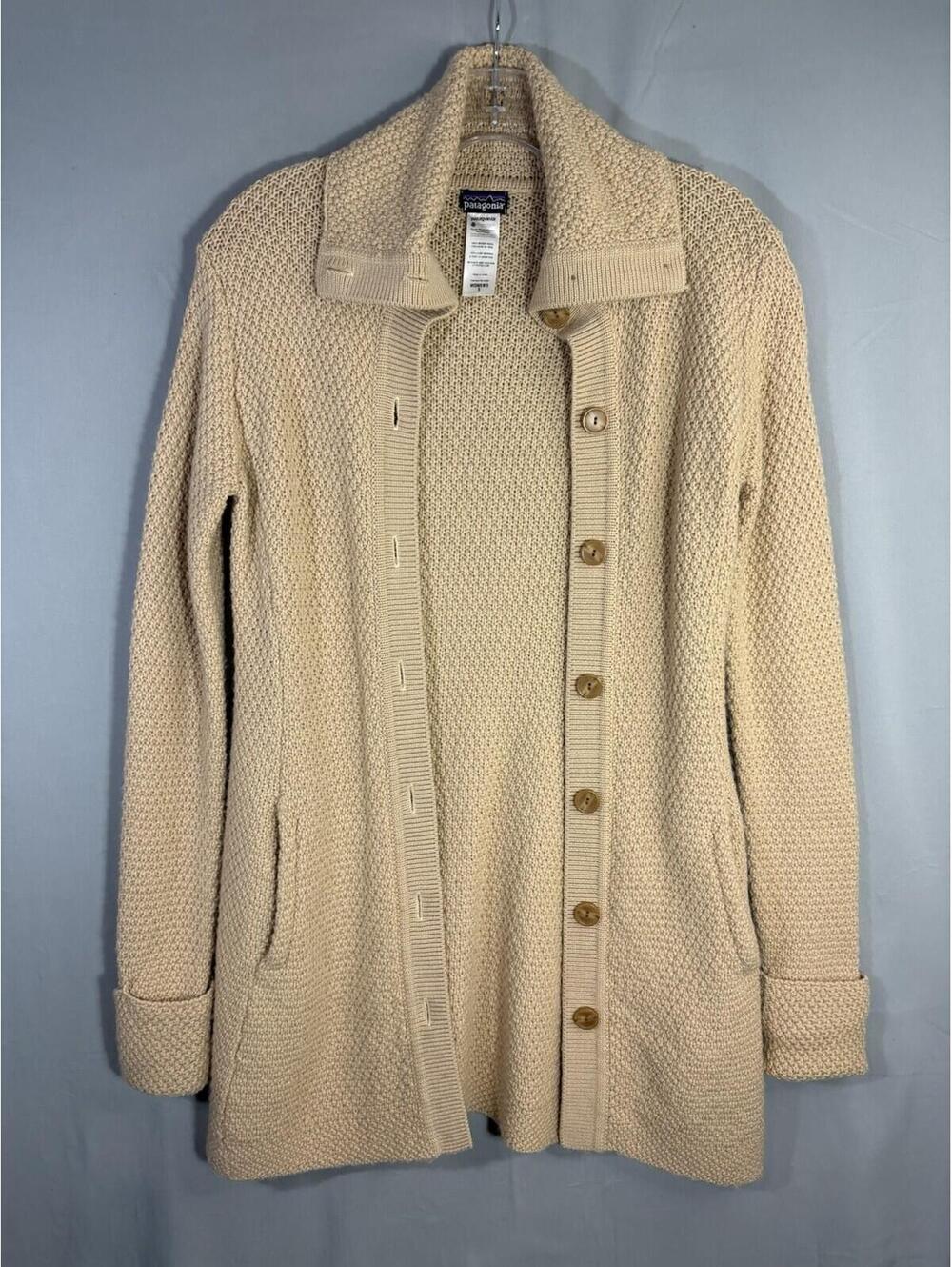 Patagonia Merino Wool Cardigan Sweater Coat Shawl Collar Button Womens S Beige - Picture 8 of 9
